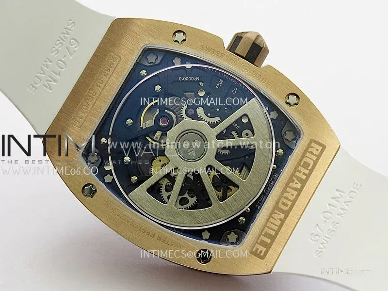 Mille Studio RM67-01 Real Power Reserve RG Black Skeleton Dial On White Rubber Strap CRMA7 Clone (Free Velcro Strap And Tool)