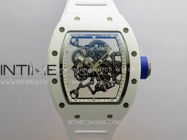 RM055 White Inner Bezel White Ceramic RF 1:1 Best Edition Skeleton Dial On White Rubber Strap RMUL2 Super Clone (Brushed Ribs)