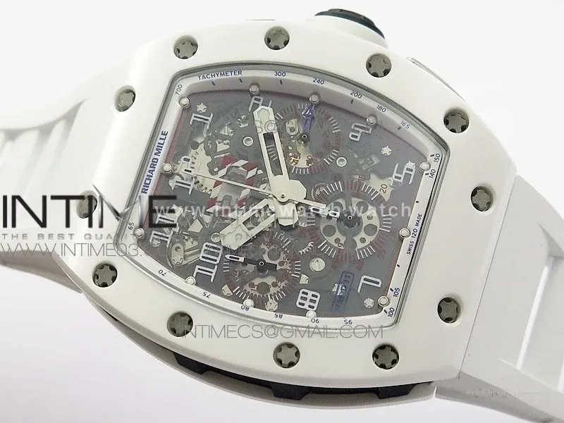 RM011 Carbon Case (Blue markers) Chronograph KVF 1:1 Best Edition White Ceramic Bezel Skeleton Dial on White Rubber Strap A7750