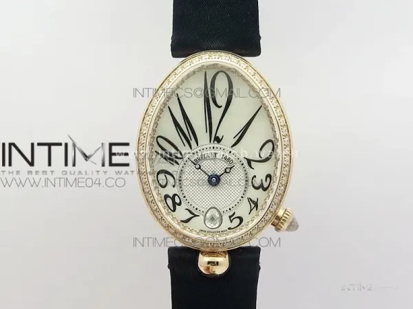 Reine de Naples 8918BB RG ZF 1:1 Best Edition White MOP Dial Diamonds Bezel on Black Fabric Strap A537