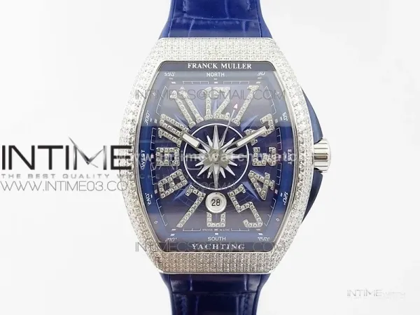 Vanguard V45 SS Full Diamonds ABF Best Edition Blue Textured Dial Diamonds Markers on Blue Gummy Strap A2824