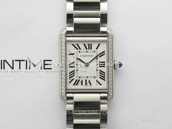 Tank Louis Ladies 25mm SS/Dia Bezel 8848F 1:1 Best Edition White Dial on SS Bracelet Ronda Quartz(Free leather strap)