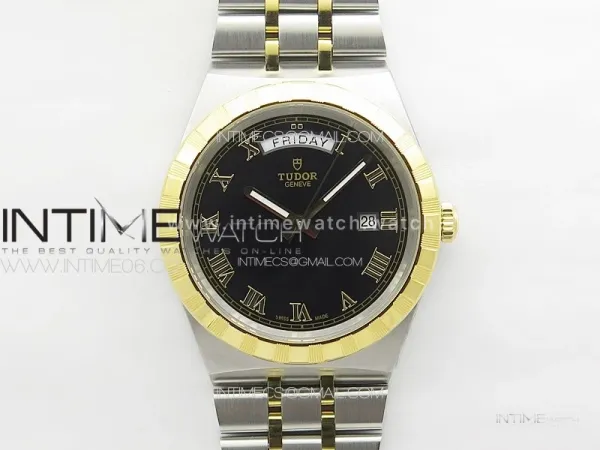 Prince Bay 41mm SS/YG A7F 1:1 Best Edition Black Dial Roman Markers on SS Bracelet A2824