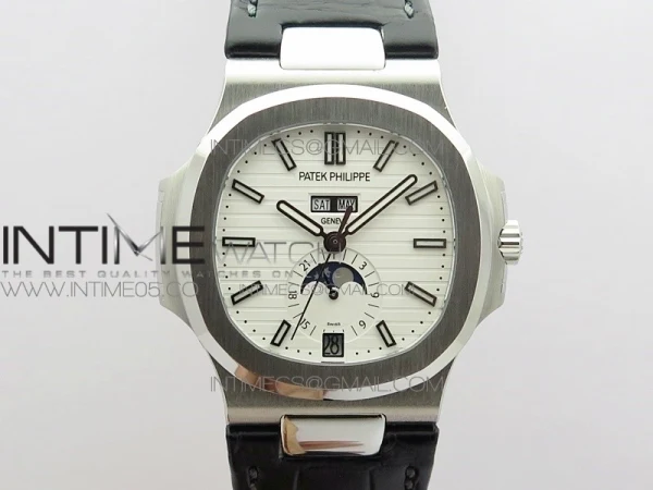 NAUTILUS 5726 SS GRF 1:1 BEST EDITION WHITE DIAL WORKING ANNUAL CALENDARON BLACK LEATHER STARP A.324 V2