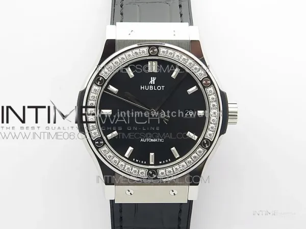 Classic Fusion 42mm SS Paved Diamonds Bezel B50F Black Dial On Black Gummy Strap A2892