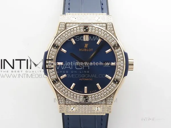 Classic Fusion 42mm RG Paved Diamonds Case/Bezel B50F Blue Dial On Blue Gummy Strap A2892