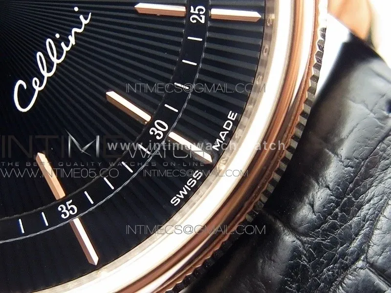 Cellini 50519 Real Date RG BP Best Edition Black Dial Stick Markers on Black Leather Strap SA3165