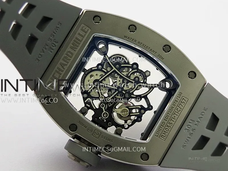 RM055 Gray Ceramic Umi Office 1:1 Best Edition Skeleton Dial Black Rubber Strap RMUL2 Super Clone (Free Sprung)