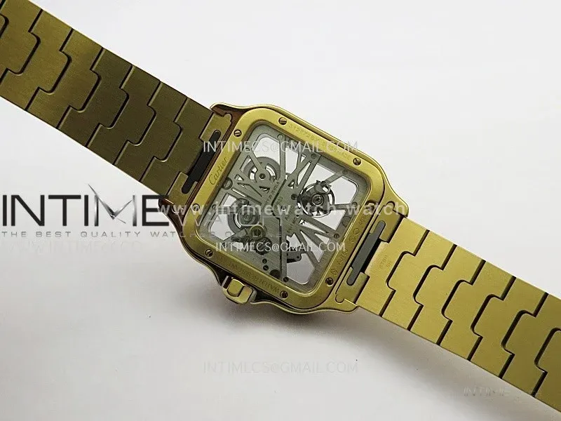 Santos Skeleton Black YG Rich Factory 1:1 Best Skeleton Dial On YG SmartLink Bracelet 9611MC Super Clone (Free Leather Strap)