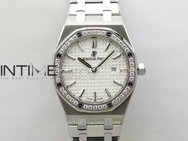 Lady Royal Oak 33mm 67651 Diamonds SS ZF 1:1 Best Edition White Textured Dial on SS Bracelet RONDA Quartz
