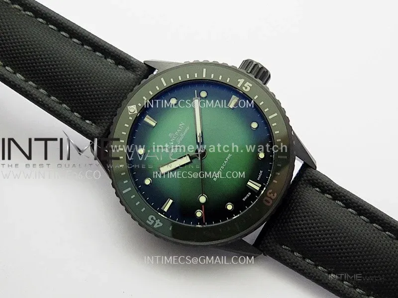 Fifty Fathoms Bathyscaphe Green Ceramic GF 1:1 Best Edition Green Ombre Dial On Black Sail-Canvas Strap A1315(Free Rubber Strap)