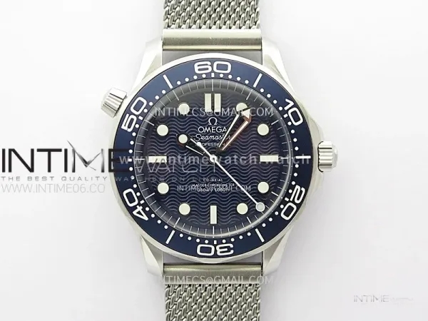 Seamaster Diver 300M 007 B50F Blue Ceramic Blue wave textured Dial on SS Bracelet A8806 (Free Nylon Strap)