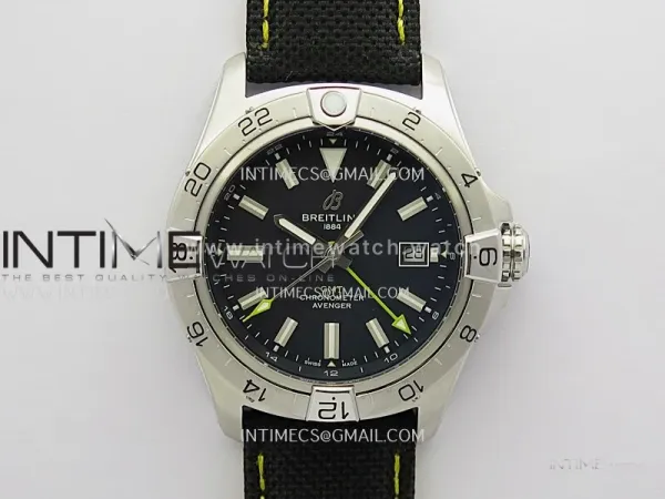 Avenger Chronometer 42mm GMT Yellow Second Hand SS BLSF 1:1 Best Version Black Dial On Black Nylon Strap A2836