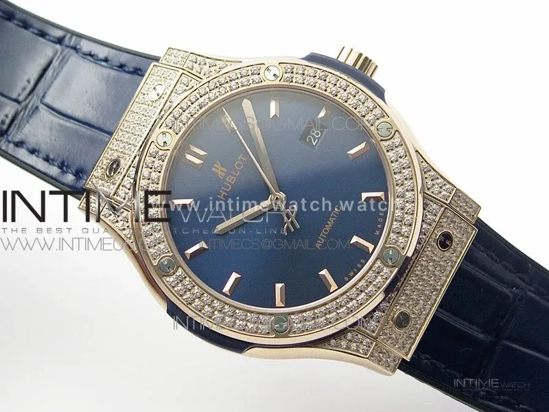 Classic Fusion 42mm RG Paved Diamonds Case/Bezel B50F Blue Dial On Blue Gummy Strap A2892