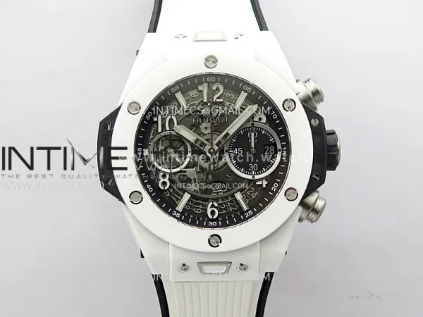Hublot Big Bang Unico 42mm Real White Ceramic BBF 1:1 Best Edition Black Skeleton Dial on white Rubber Strap A1280