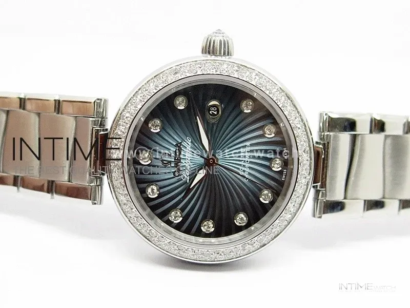 De Ville Lady SS Blue Textured Dial Diamonds Bezel on SS Bracelet SEIKO NH05A