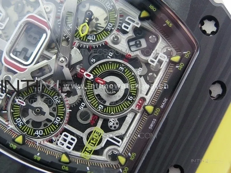 RM011 Carbon Case Chrono KVF 1:1 Best Edition Crystal Skeleton Yellow Dial on Yellow Rubber Strap A7750
