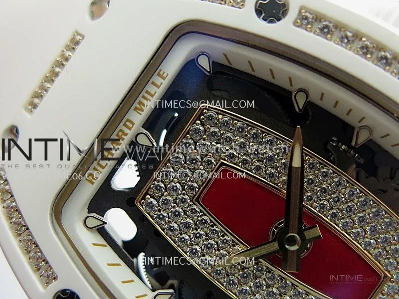 RM07 Real White Ceramic Diamond Bezel YG ZF Best Edition Red MOP Diamond Skeleton Dial On Black Rubber Strap Asian CRMA2 Clone