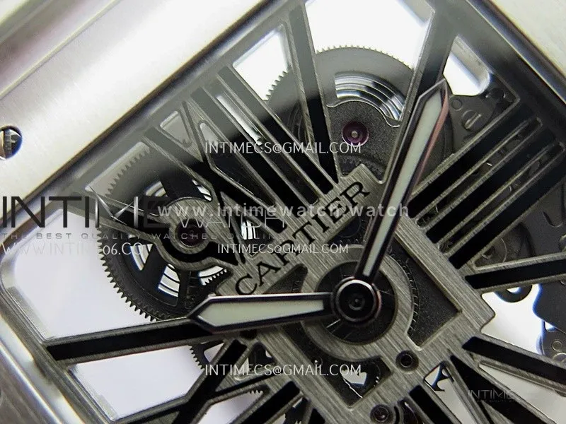 Santos Skeleton Black PVD Case RICH 1:1 Skeleton Black Dial On SS SmartLink Bracelet 9611MC Super Clone (Free Leather Strap)