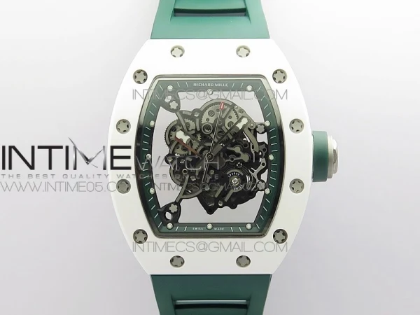 RM055 White Ceramic KVF Best Edition Skeleton Dial White  on Green Rubber Strap MIYOTA8215 V3
