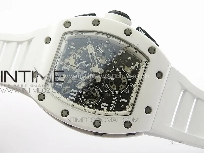 RM011 Carbon Case Chronograph KVF 1:1 Best Edition White Ceramic Bezel Skeleton Dial on White Rubber Strap A7750