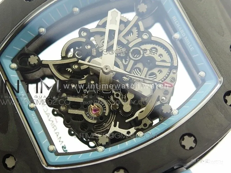 RM055 Carbon Case KVF Best Edition Carbon Bezel Skeleton Dial Blue Crown on black Rubber Strap MIYOTA8215