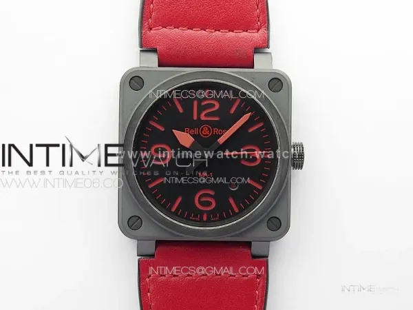 BR 03-92 Real Ceramic 1:1 Best Edition Black Dial Red Markers on Red Leather Strap MIYOTA 9015