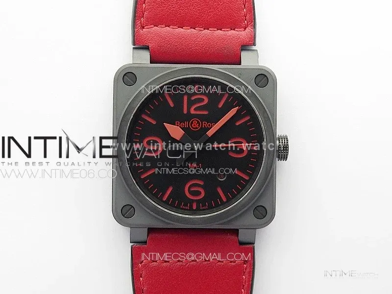 BR 03-92 Real Ceramic 1:1 Best Edition Black Dial Red Markers on Red Leather Strap MIYOTA 9015