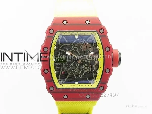 RM 035-2 Red Forged Carbon Yellow Inner Bezel Skeleton Dial on Yellow Nylon Strap MIYOTA9015