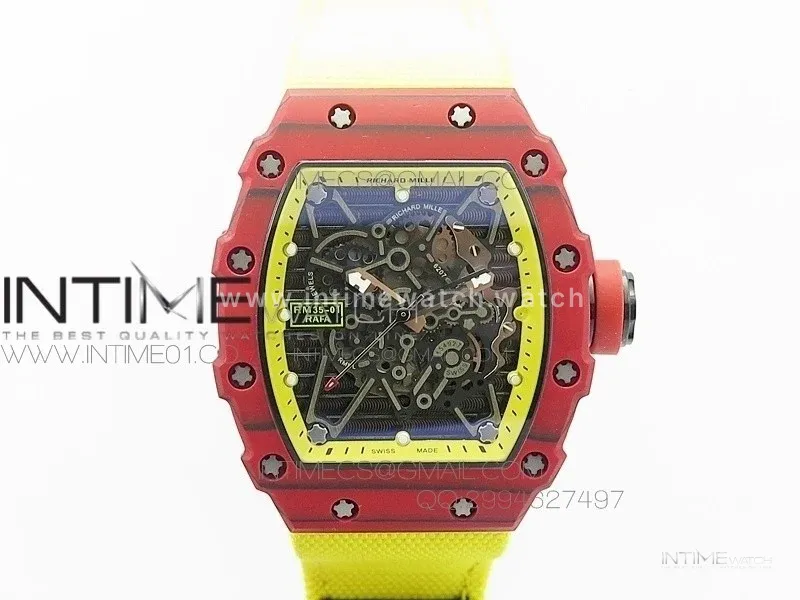 RM 035-2 Red Forged Carbon Yellow Inner Bezel Skeleton Dial on Yellow Nylon Strap MIYOTA9015