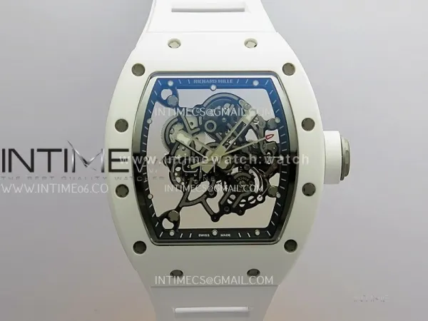 RM055 Black Inner Bezel White Ceramic RF 1:1 Best Edition Skeleton Dial On White Rubber Strap RMUL2 Super Clone (Brushed Ribs)
