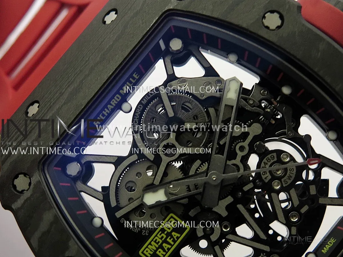 RM035-02 Black NTPT GTF Best Edition Skeleton Dial On Red Rubber Strap RMAL1 Super Clone (Free Sprung)
