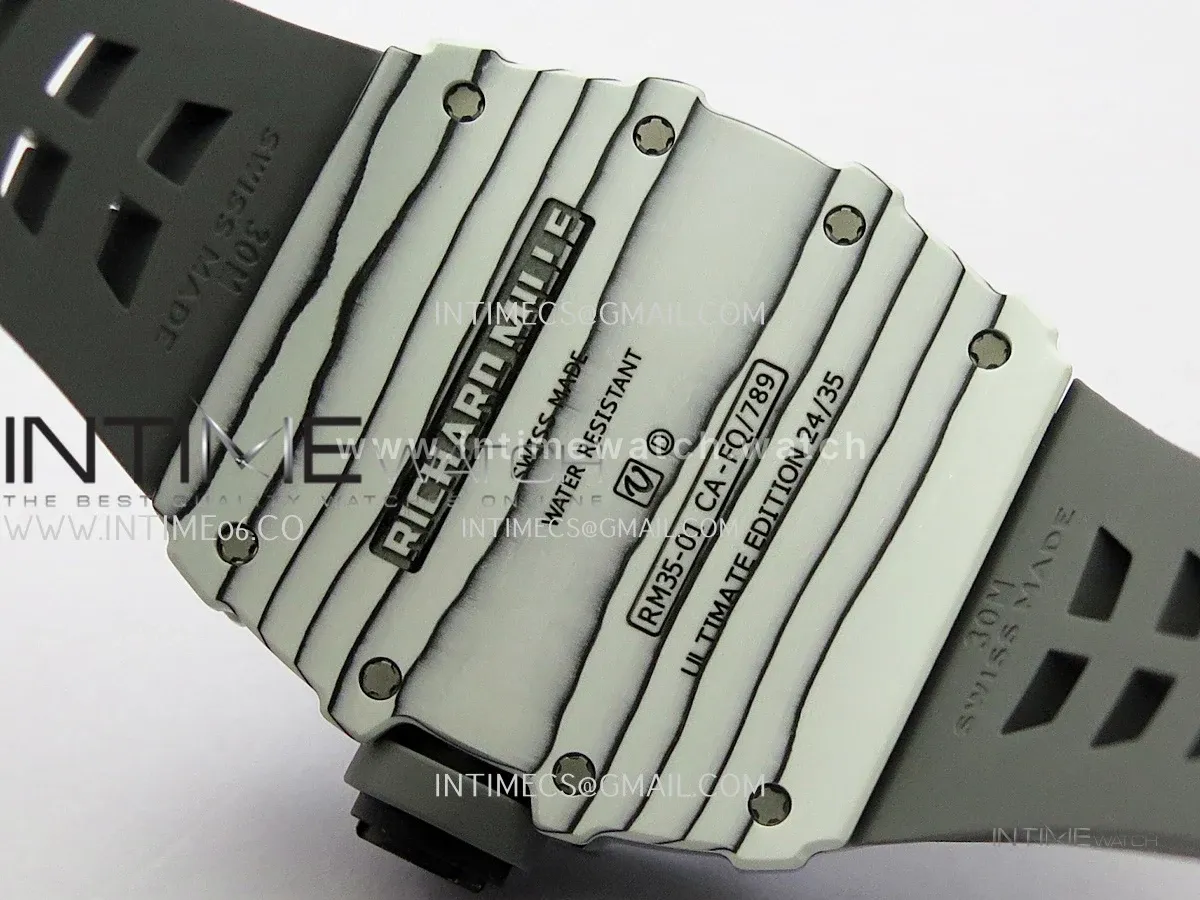 RM035-01 White Carbon GTF Best Edition Skeleton Dial On Gray Rubber Strap Super Clone RMUL2 (Free Sprung)