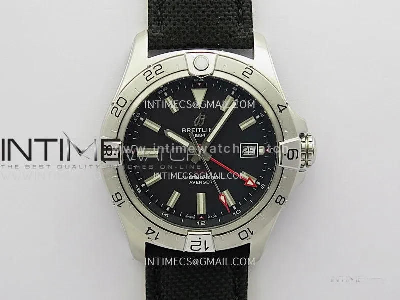 Avenger Chronometer 42mm GMT Red Second Hand SS BLSF 1:1 Best Version Black Dial On Black Nylon Strap A2836
