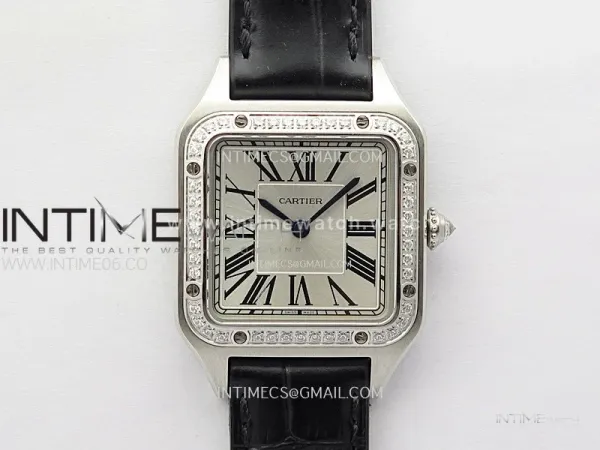 Santos Dumont 38mm SS/Diamonds Bezel F1F Best Edition Silver Dial on Black Leather Strap Quartz