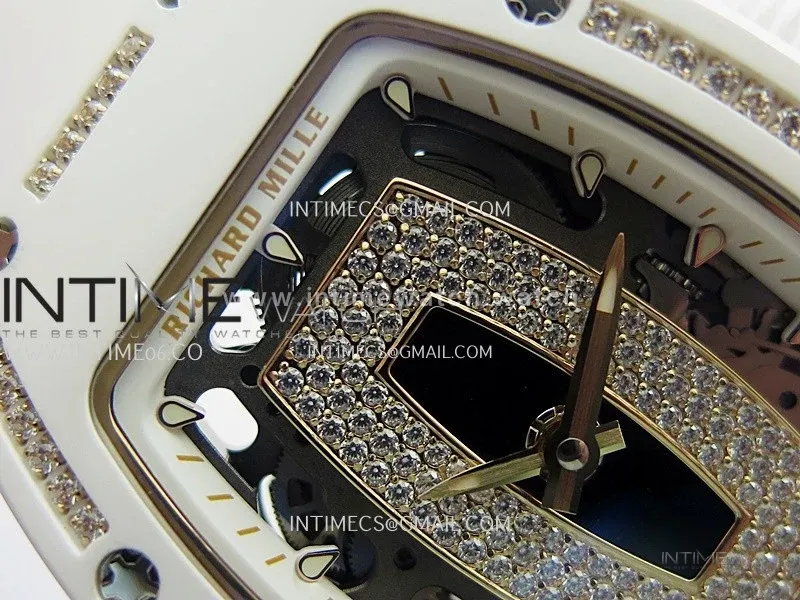 RM07 Real White Ceramic Diamond Bezel YG ZF Best Edition Black MOP Diamond Skeleton Dial On White Rubber Strap Asian CRMA2 Clone