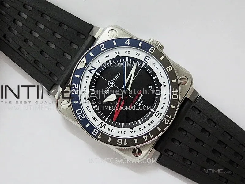 BR03 GMT Compass Blue/Black Bezel SS B12 Black Dial 42mm On Black Perforated Rubber Strap A2836 (Free Nylon Strap)