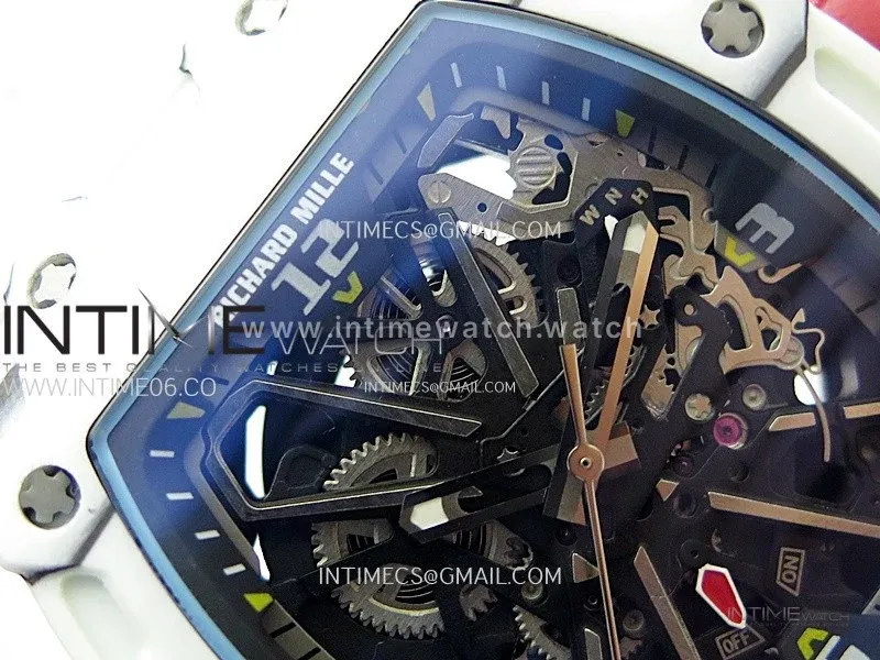 RM035-03 White Carbon/Red Crown Z Factory Skeleton Dial on White Rubber Strap Asian Skeleton movement