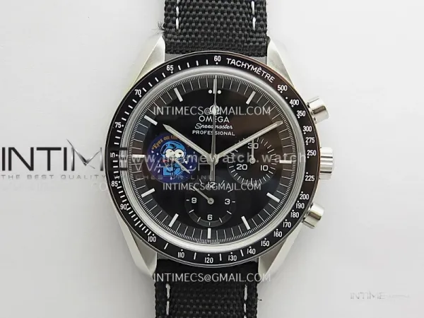 Speedmaster Professional Snoopy SS SMF 1:1 Best Edition Black Dial On Black Nylon Strap A3861(Free SS Bracelet)