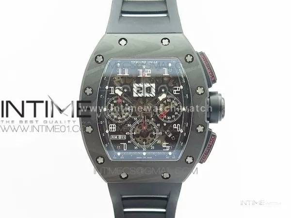 RM011 NTPT Carbon Case Chronograph KVF 1:1 Best Edition Crystal Skeleton Dial White on Black Rubber Strap A7750