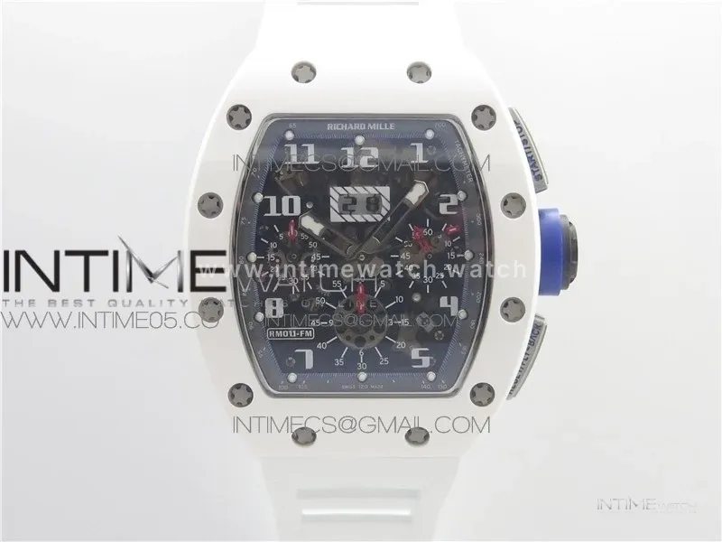RM011 Real White Ceramic Chronograph KVF 1:1 Best Edition Crystal Skeleton Dial Blue on White Rubber Strap A7750