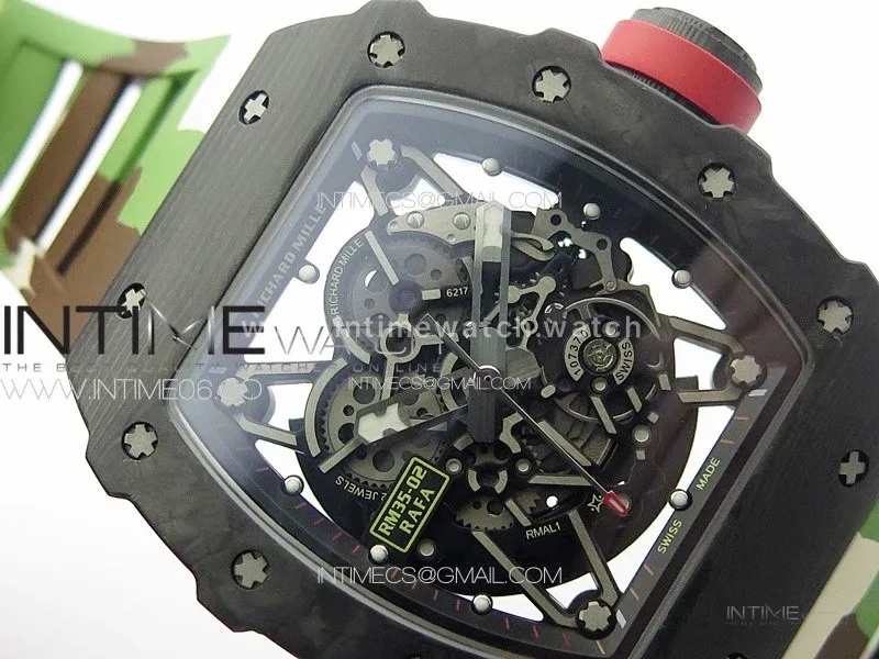 RM035-02 Forged Carbon Case KUF Best Edition Red Crown on Camouflage Rubber Strap MIYOTA8215