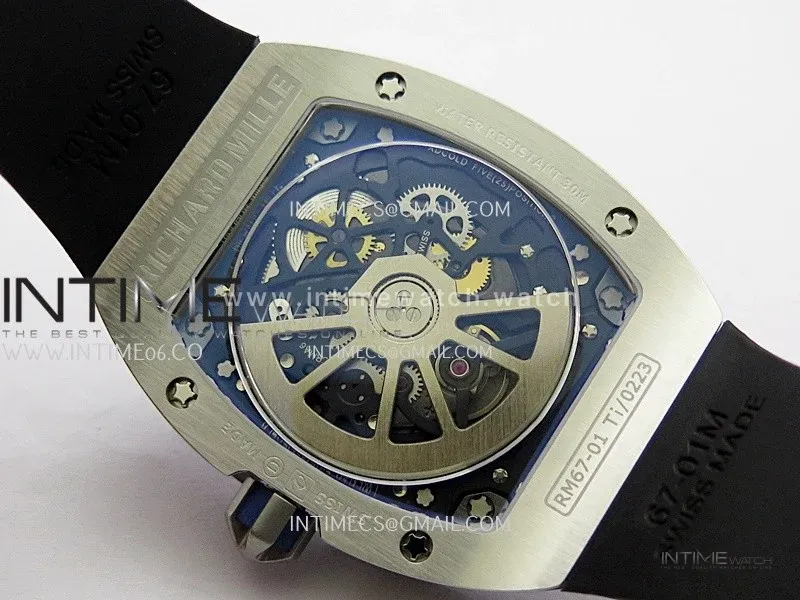 Mille Studio RM67-01 Real Power Reserve Ti Blue Skeleton Dial On Black Rubber Strap CRMA7 Clone (Free Velcro Strap And Tool)