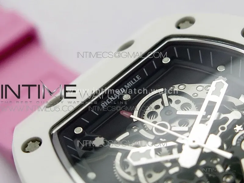 RM055 White Ceramic KVF Best Edition Skeleton Dial on Pink Rubber Strap MIYOTA8215 V3