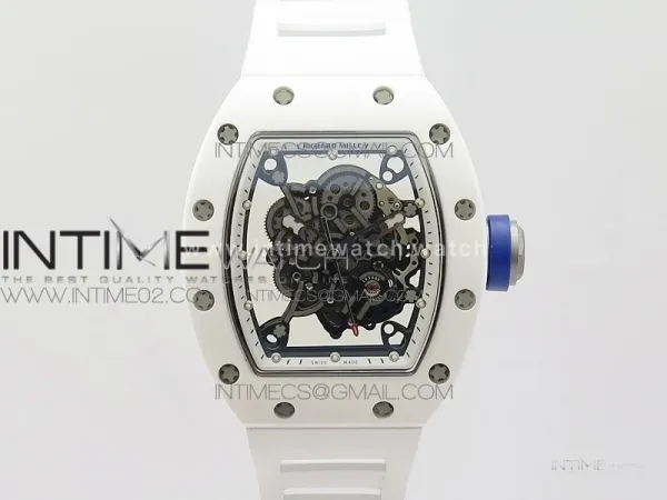 RM055 Real White Ceramic Case KVF Best Edition Skeleton Dial Blue on White Rubber Strap MIYOTA8215