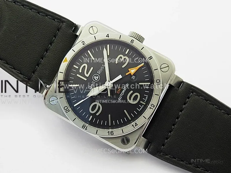 BR03-93 GMT SS B12 Best Edition Black Dial 42mm On Black Leather Strap A2836