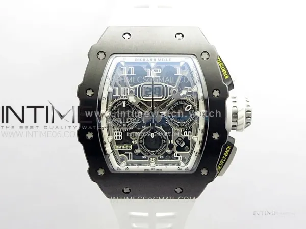 RM011 Titanium Case Black Ceramic Bezel Chronograph KUF Best Edition Skeleton Dial on White Rubber Strap A7750