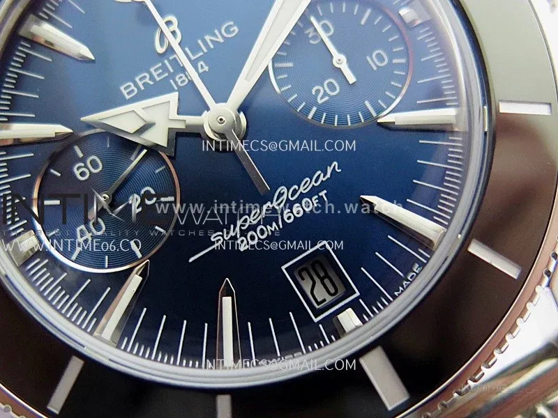 SuperOcean Heritage Chrono 42mm Black Ceramic Bezel B50 Blue Dial On SS Mesh Bracelet A7750