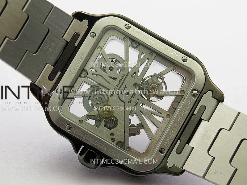 Santos Skeleton Black PVD Case RICH 1:1 Skeleton Black Dial On SS SmartLink Bracelet 9611MC Super Clone (Free Leather Strap)