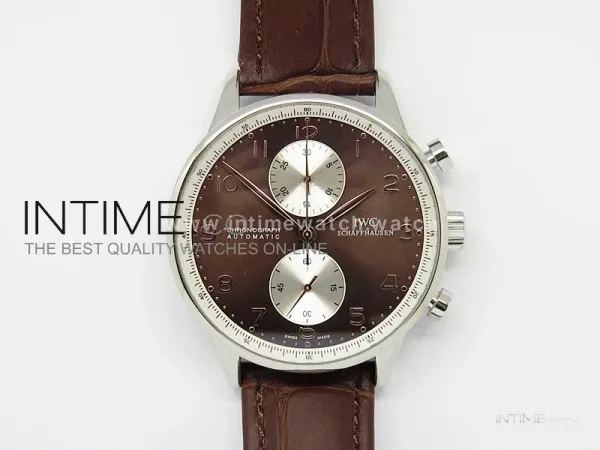 Portuguese 40mm Chrono SS Brown Dial Sliver subdial on Leather Strap A7750
